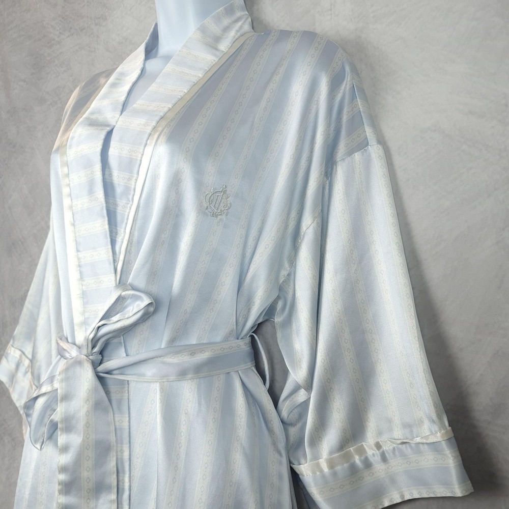 Vintage Christian Dior Robe Womens Large Blue Satin Kimono Striped Logo Belted - Picture 4 of 16